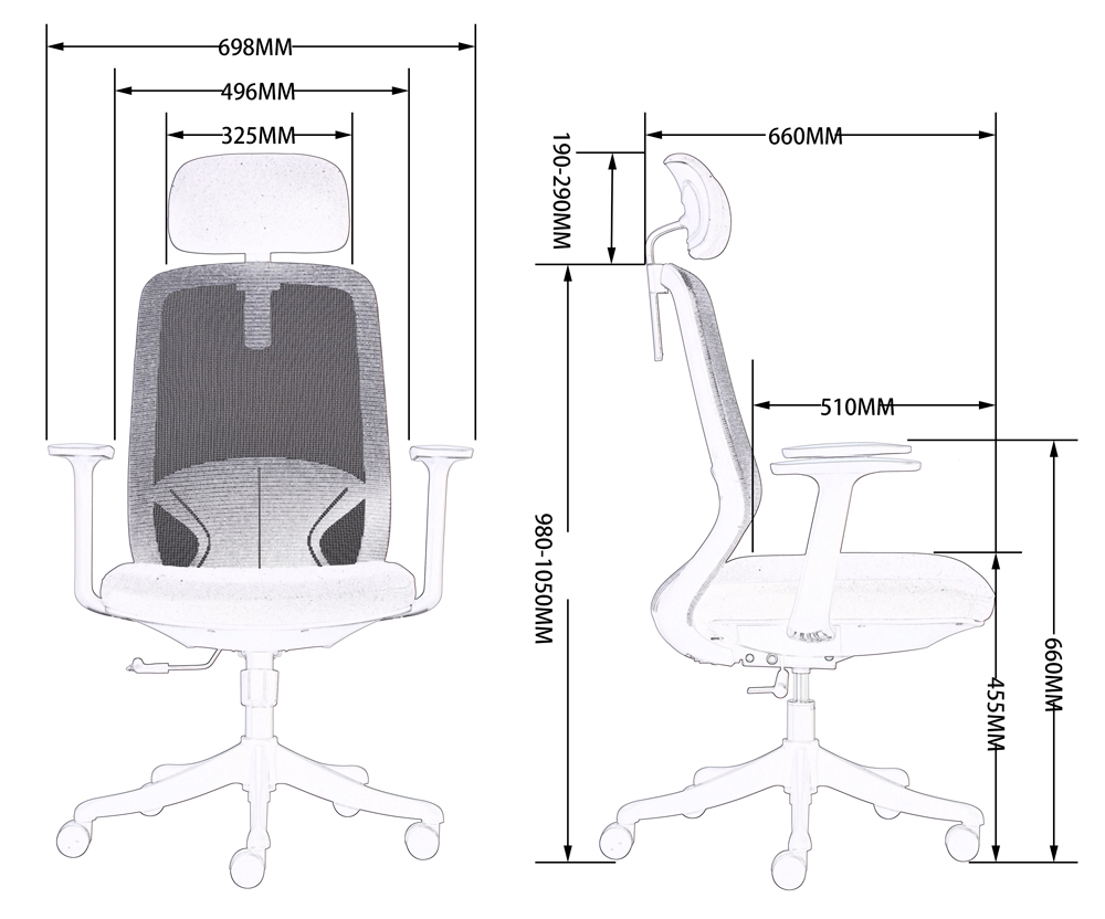 Kích thước chi tiết ghế lưới FMX616TD