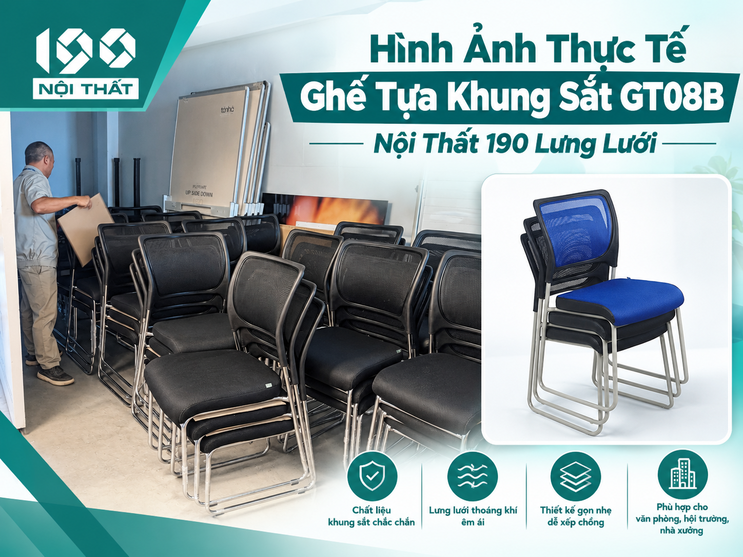 Hình Ảnh Thực Tế Ghế Tựa Khung Sắt GT08B Nội Thất 190 Lưng Lưới